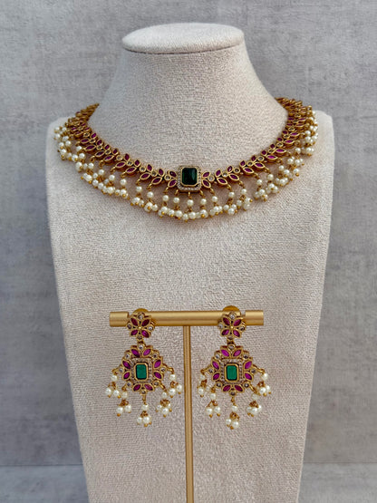 Ayura Designs Chahat Set – Necklace & Earrings with Rani Pink Meenakari, Kundan Stones, Emerald Accents & Pearl Detailing
