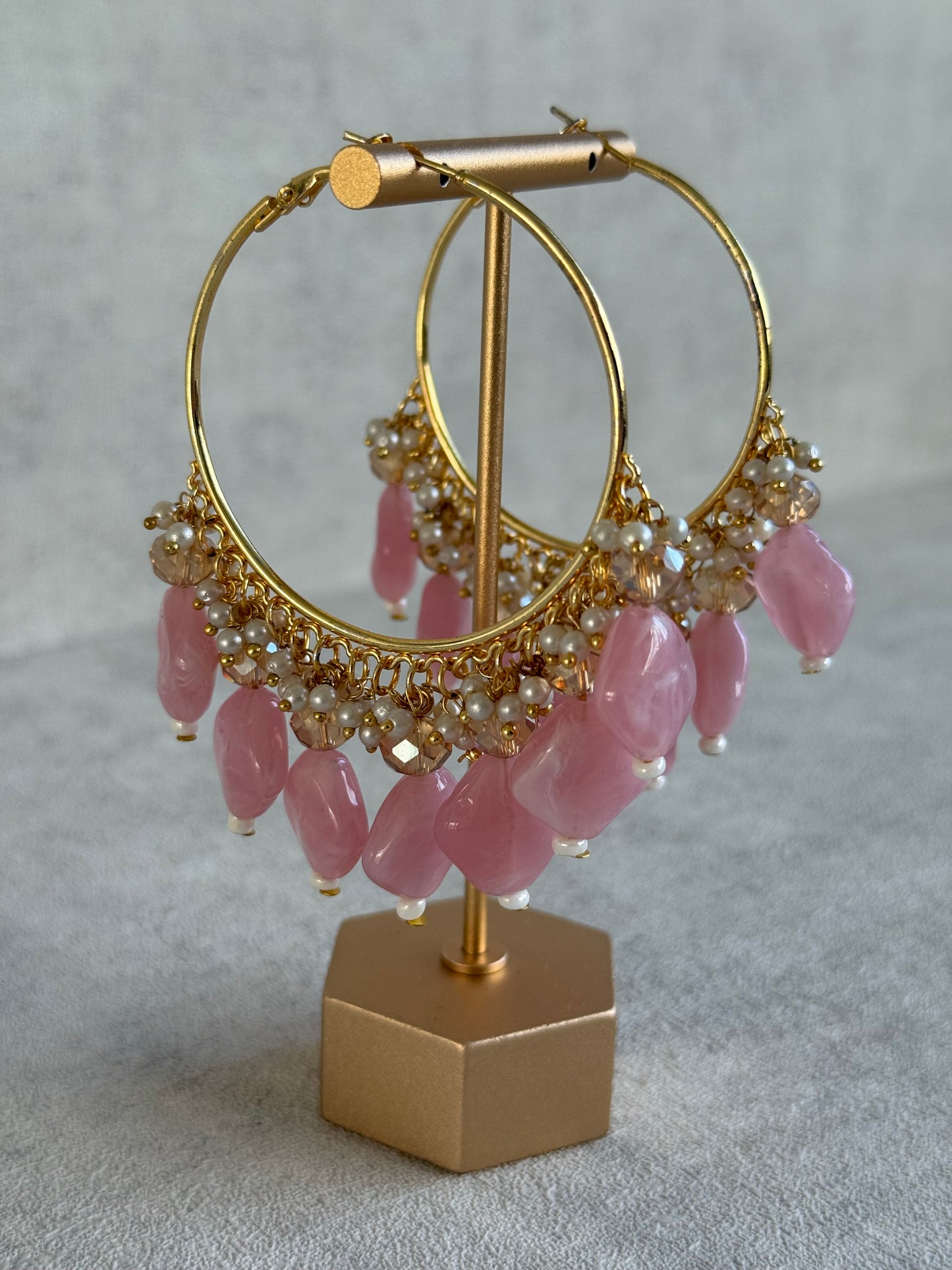 Ayura Designs Heer Balis – Gold Hoops with Baby Pink Marble Beads, Pearls & Crystal Detailing