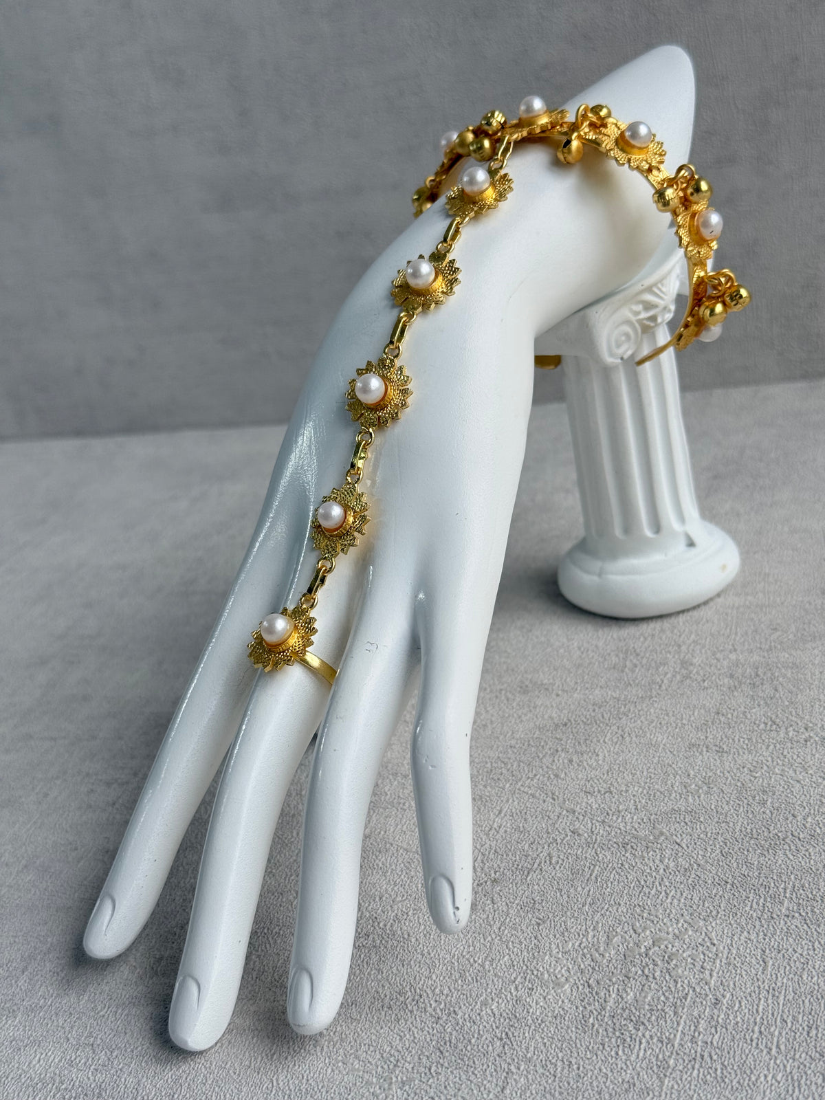 Ayura Designs Avanti Haathphool Set of 2 – Gold Finish Floral Hand Harness with Ivory Pearls & Ghungroo Detailing