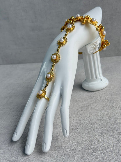 Ayura Designs Avanti Haathphool Set of 2 – Gold Finish Floral Hand Harness with Ivory Pearls & Ghungroo Detailing