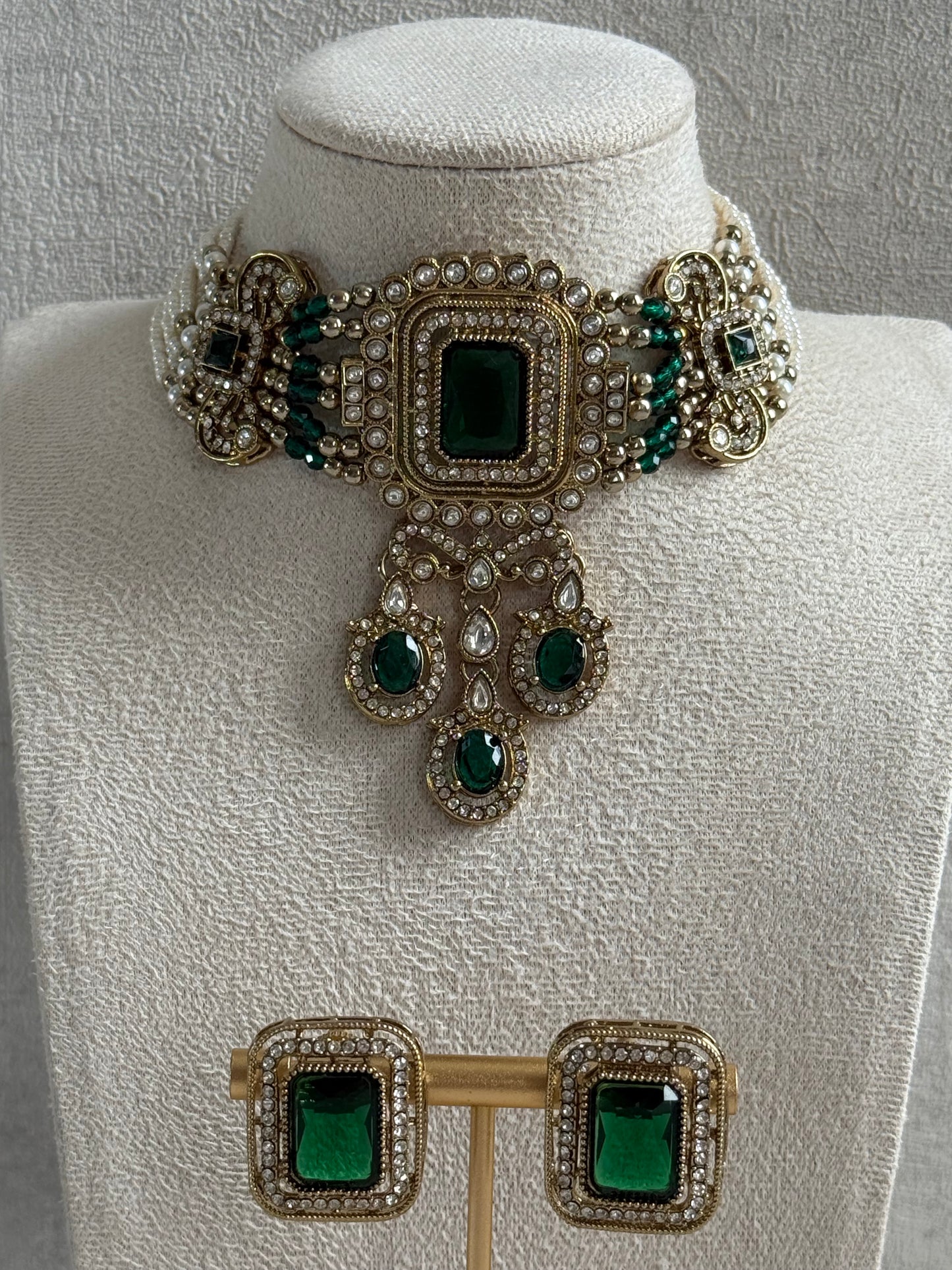 Ayura Designs Nabiha Choker Set with Studs – Emerald Green Stones, Pearl Detailing & Antique Gold Finish