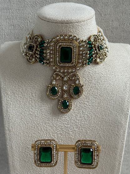 Ayura Designs Nabiha Choker Set with Studs – Emerald Green Stones, Pearl Detailing & Antique Gold Finish