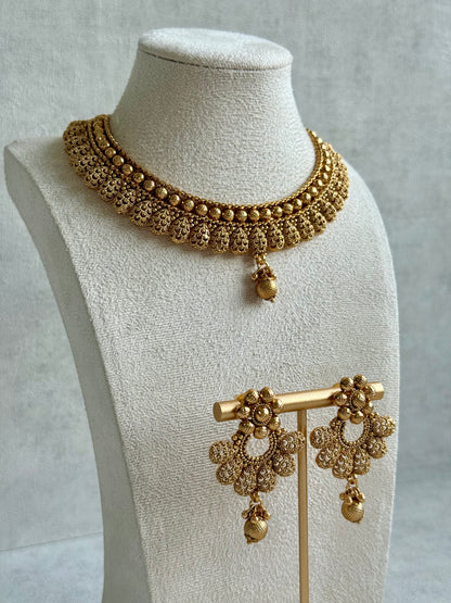 Ayura Designs Chirag Necklace Set with Earrings – Matte Gold Textured Dome Drops