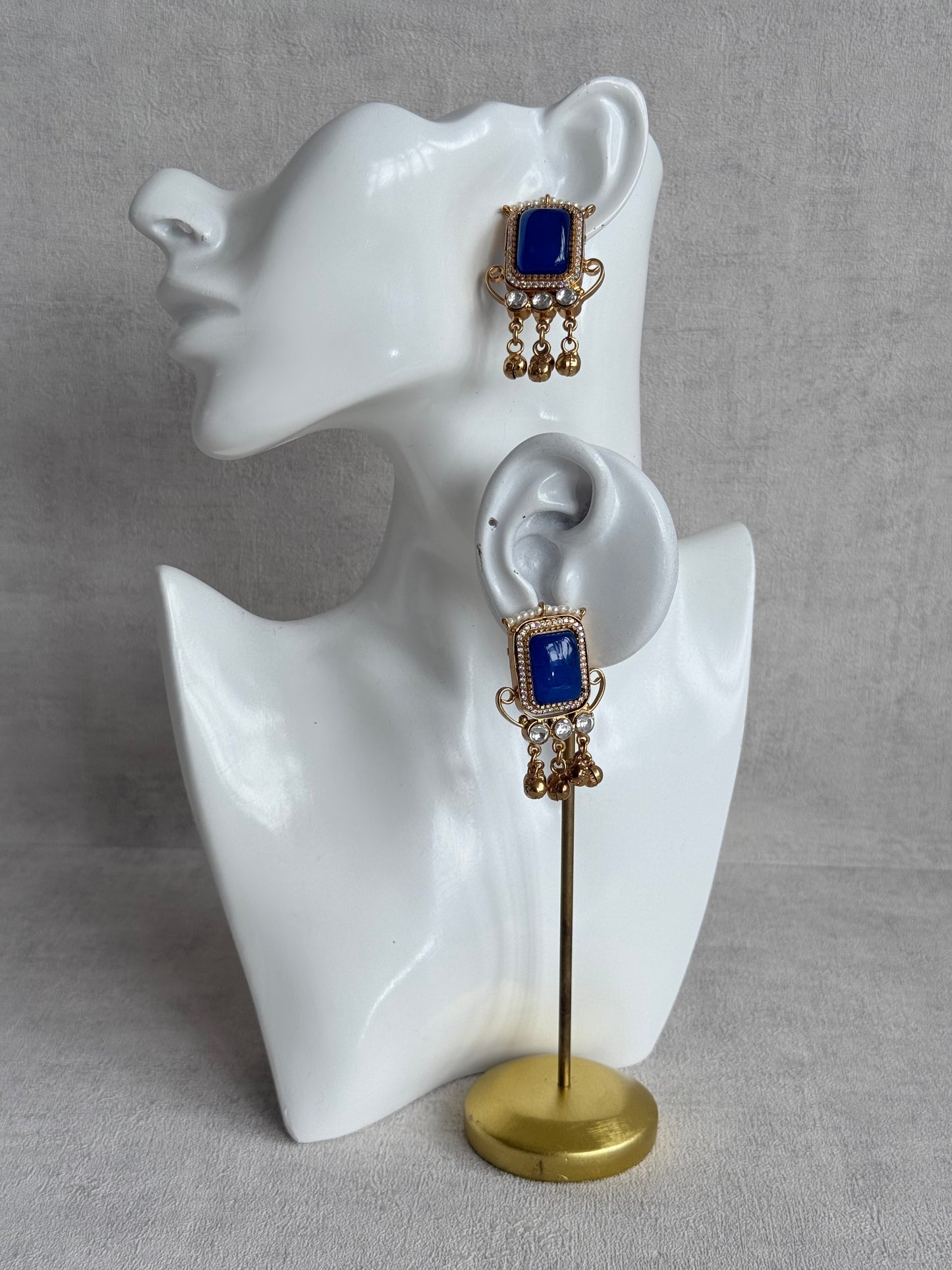 Ayura Designs Aleena Earrings – Sapphire Blue Stone Stud Earrings with Pearls & Ghungroo Detailing