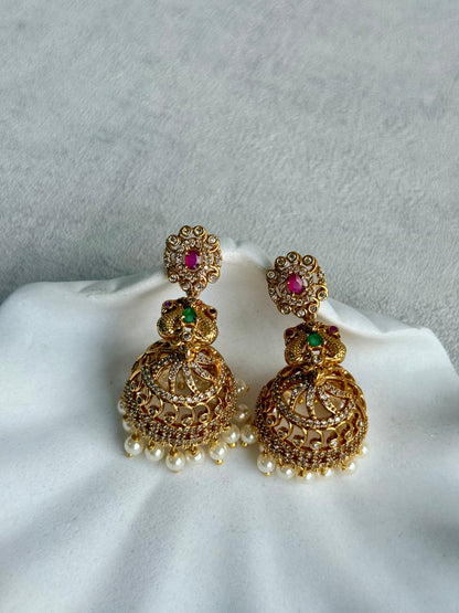 Ayura Designs Darya Jhumkis – Gold Peacock Motif Jhumkis with Ruby Pink, Emerald Green and Pearl Detailing