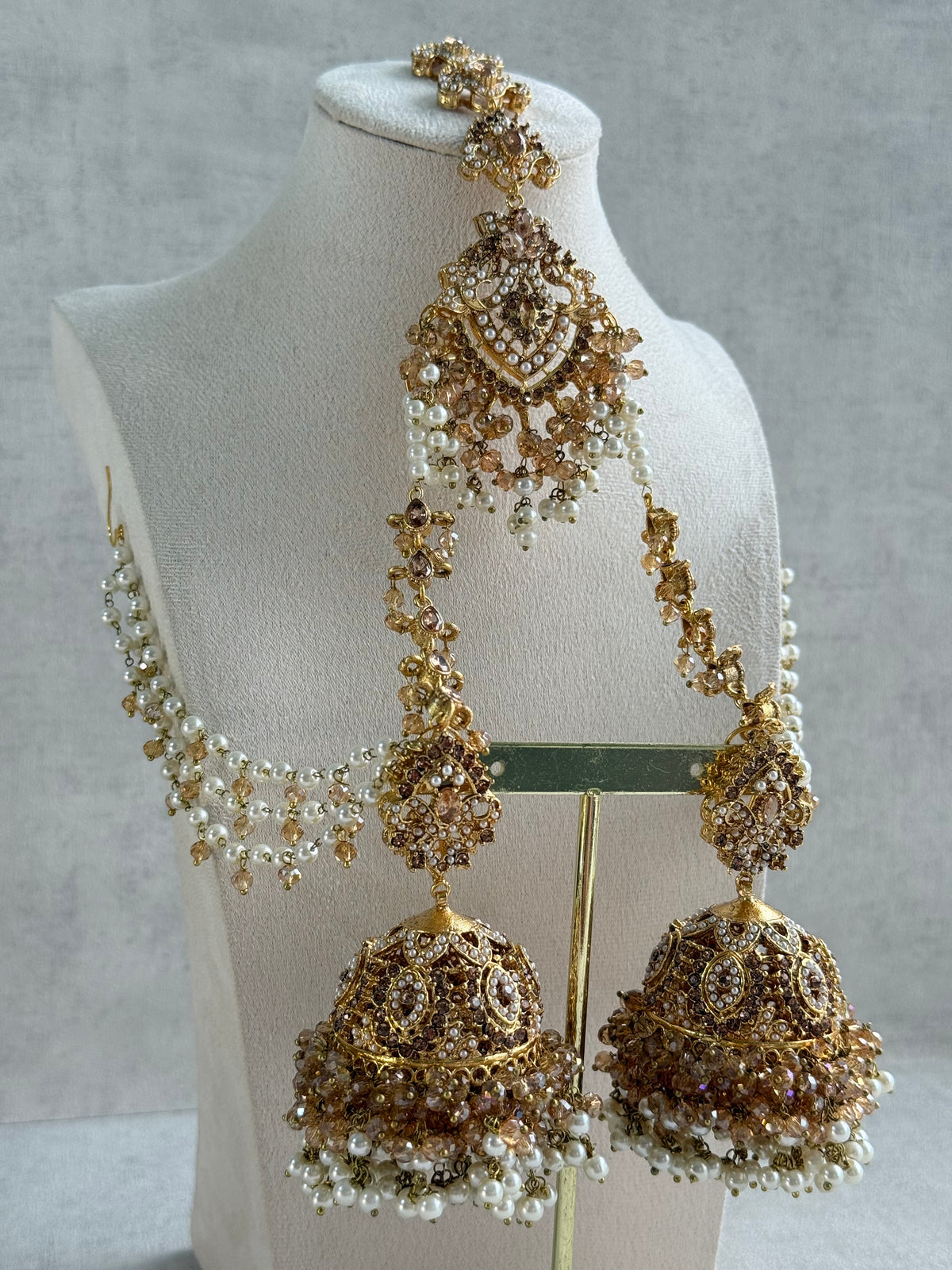 Ayura Designs Safia Tikka Set with Sahare Earrings – Champagne Gold Beads & Pearls