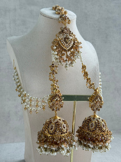 Ayura Designs Safia Tikka Set with Sahare Earrings – Champagne Gold Beads & Pearls