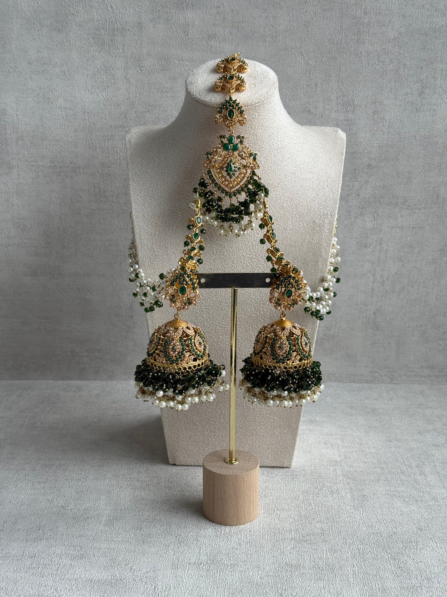 Ayura Designs Safia Tikka Set with Sahare Earrings – Emerald Green Beads & Champagne Crystals