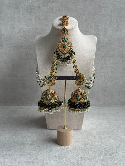 Ayura Designs Safia Tikka Set with Sahare Earrings – Emerald Green Beads & Champagne Crystals
