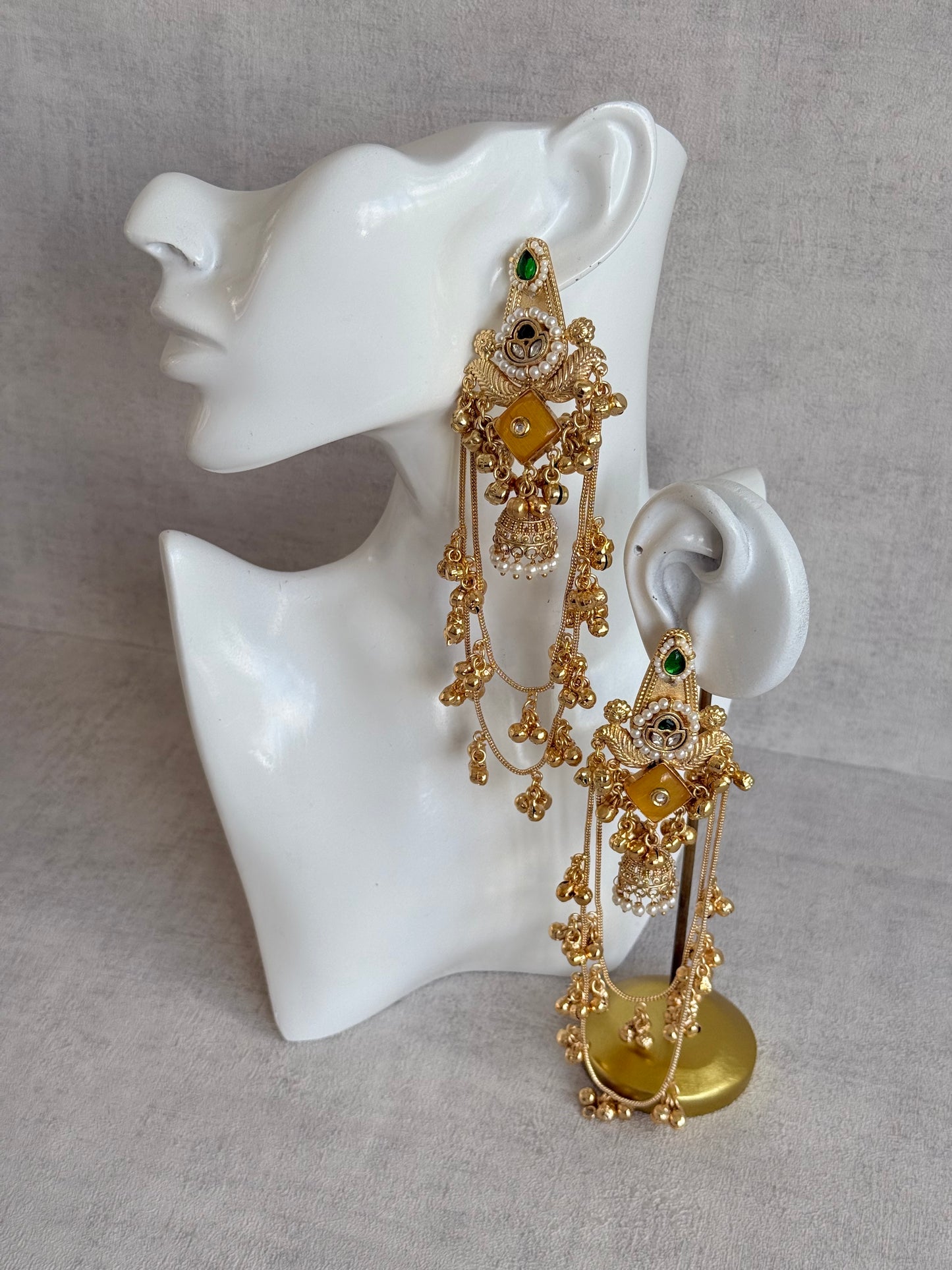 Ayura Designs Simal Earrings – Kashmiri Earrings with Amber Stone, Multicoloured Detailing, Layered Ghungroo Chains & Jhumkis