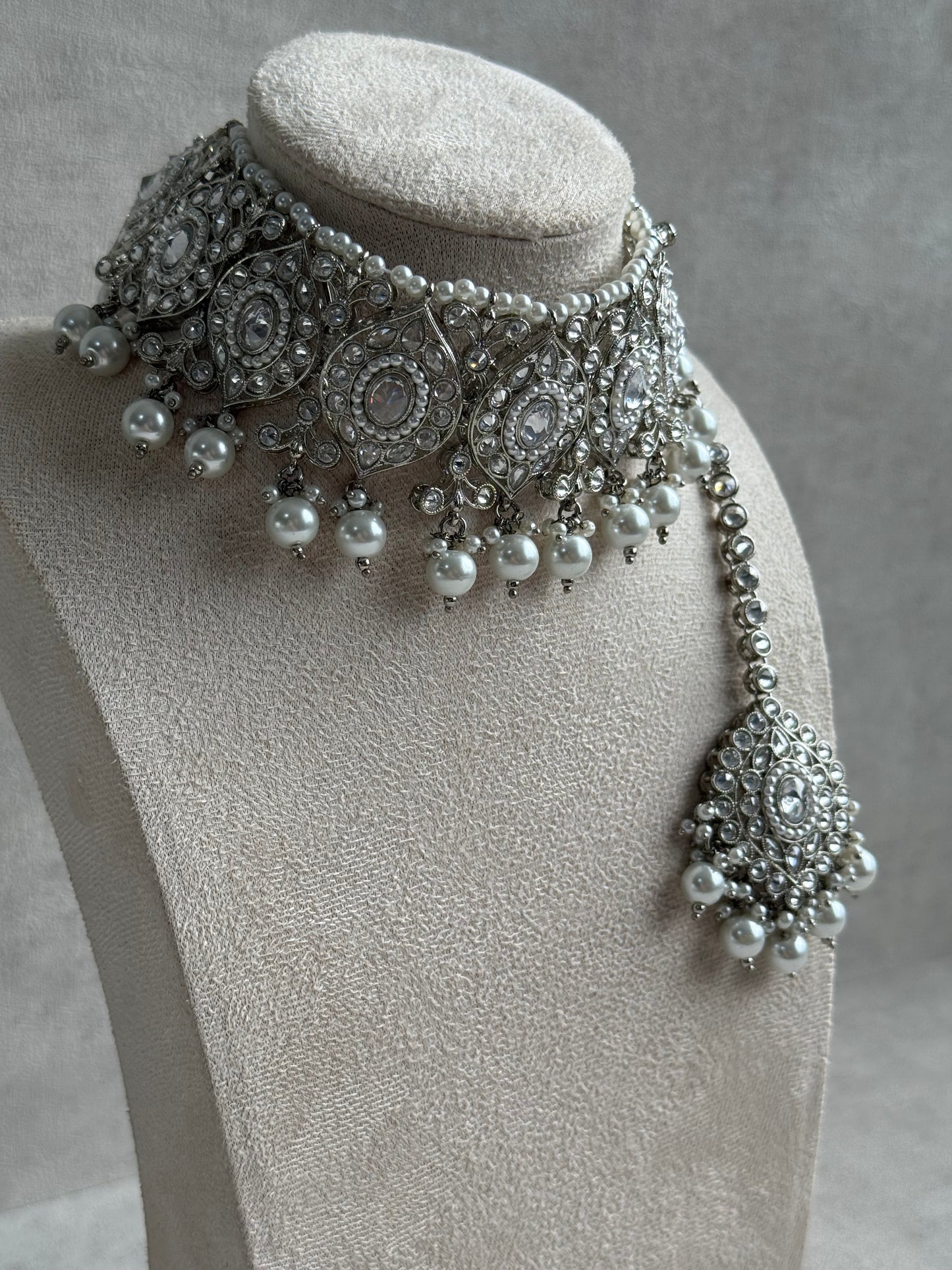 Ayura Designs Palki Set – Choker, Earrings & Tikka with Mirror-Cut Stones, Pearl Detailing & Silver Finish