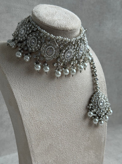 Ayura Designs Palki Set – Choker, Earrings & Tikka with Mirror-Cut Stones, Pearl Detailing & Silver Finish