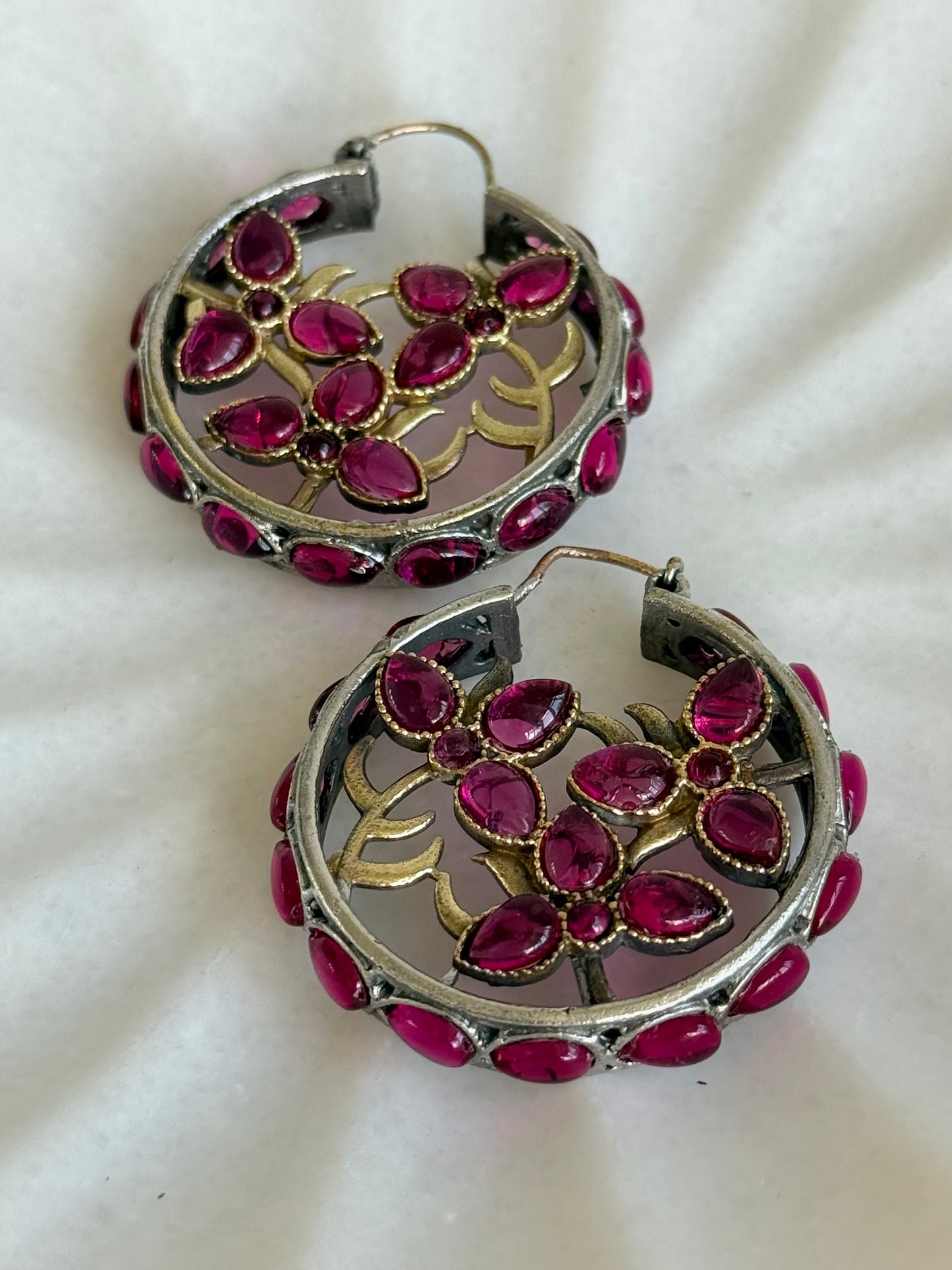 Ayura Designs Nureh Earrings – Dual Tone Floral Hoop Earrings with Ruby Pink Stones & Cutwork Detailing