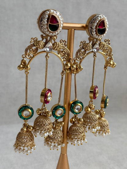 Ayura Designs Arzina Earrings – Triple Jhumki Earrings with Pink & Emerald Green Stones, Pearl Borders & Gold Detailing