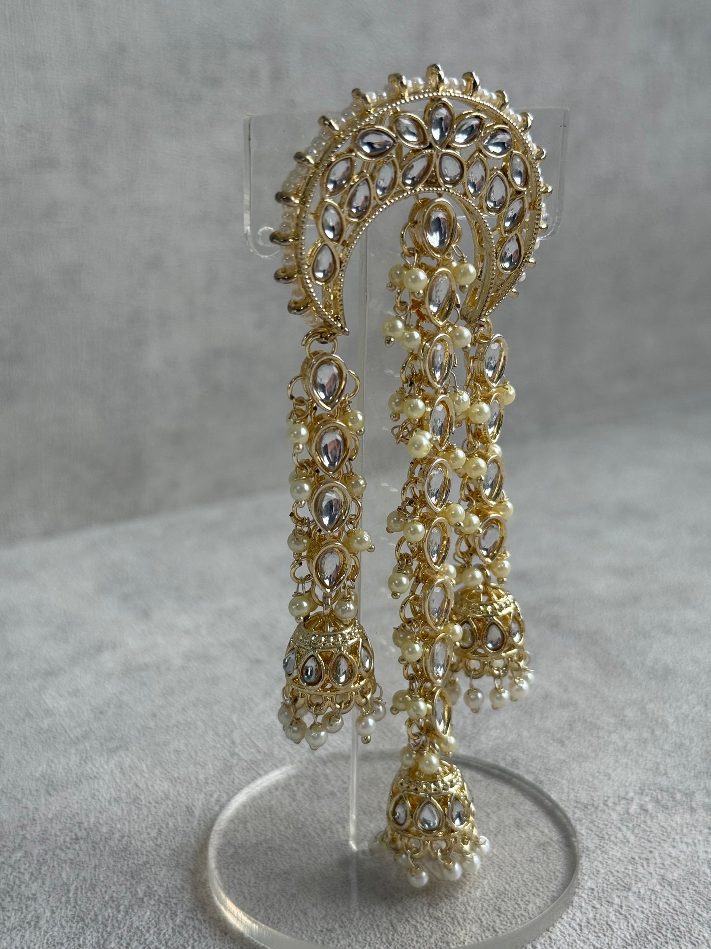 Ayura Designs Enjal Hair Brooch – Crescent Polki Design with Jhumki Tassels & Pearl Detailing