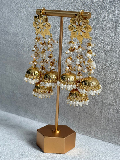 Ayura Designs Sassi Earrings – Pippal Patti Triple Jhumki Earrings with Pearl Cluster Detailing