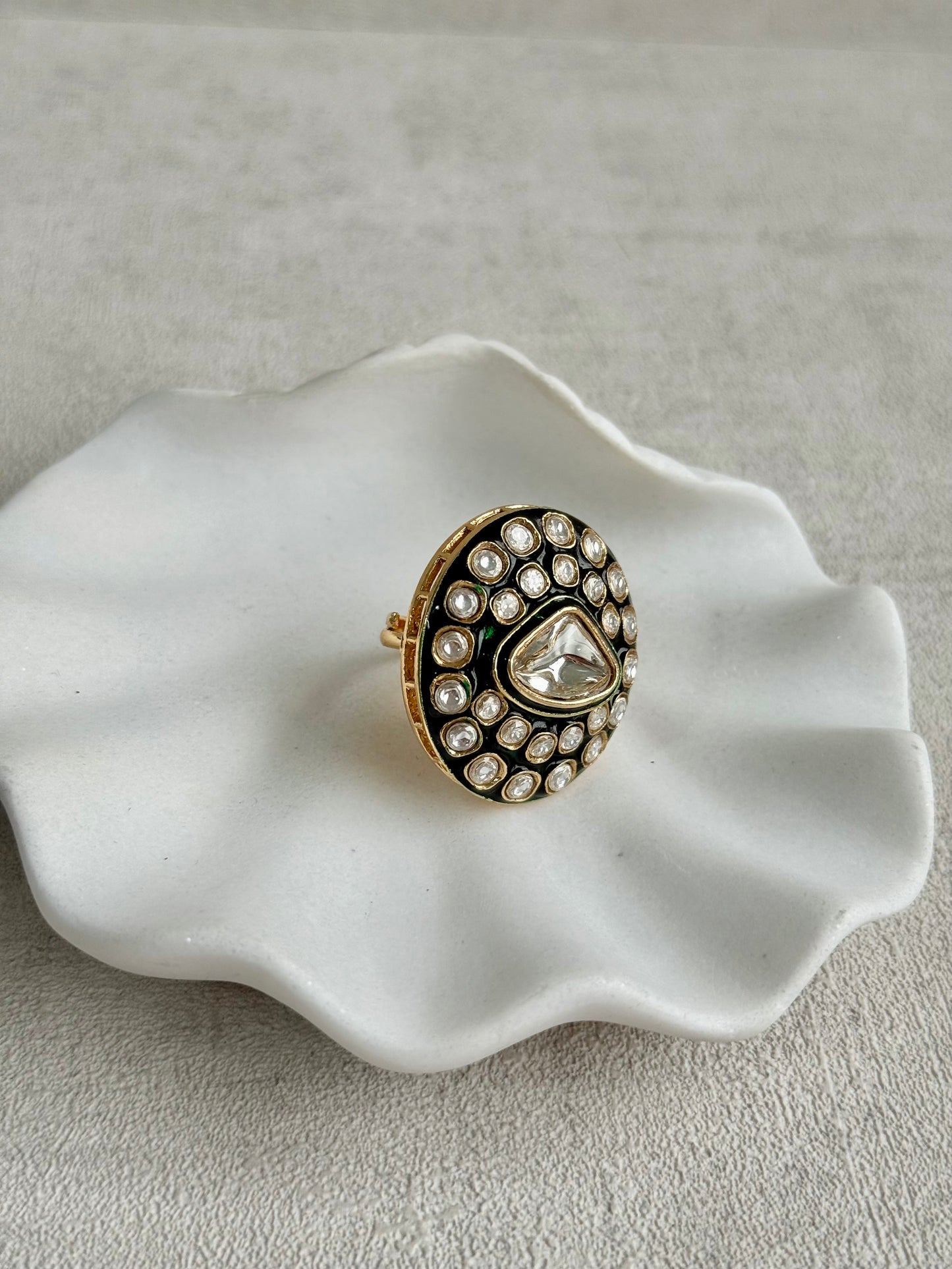 Ayura Designs Firdos Adjustable Ring – Mirror-Cut Stone Statement Ring with Green Enamel