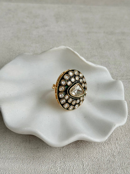 Ayura Designs Firdos Adjustable Ring – Mirror-Cut Stone Statement Ring with Green Enamel