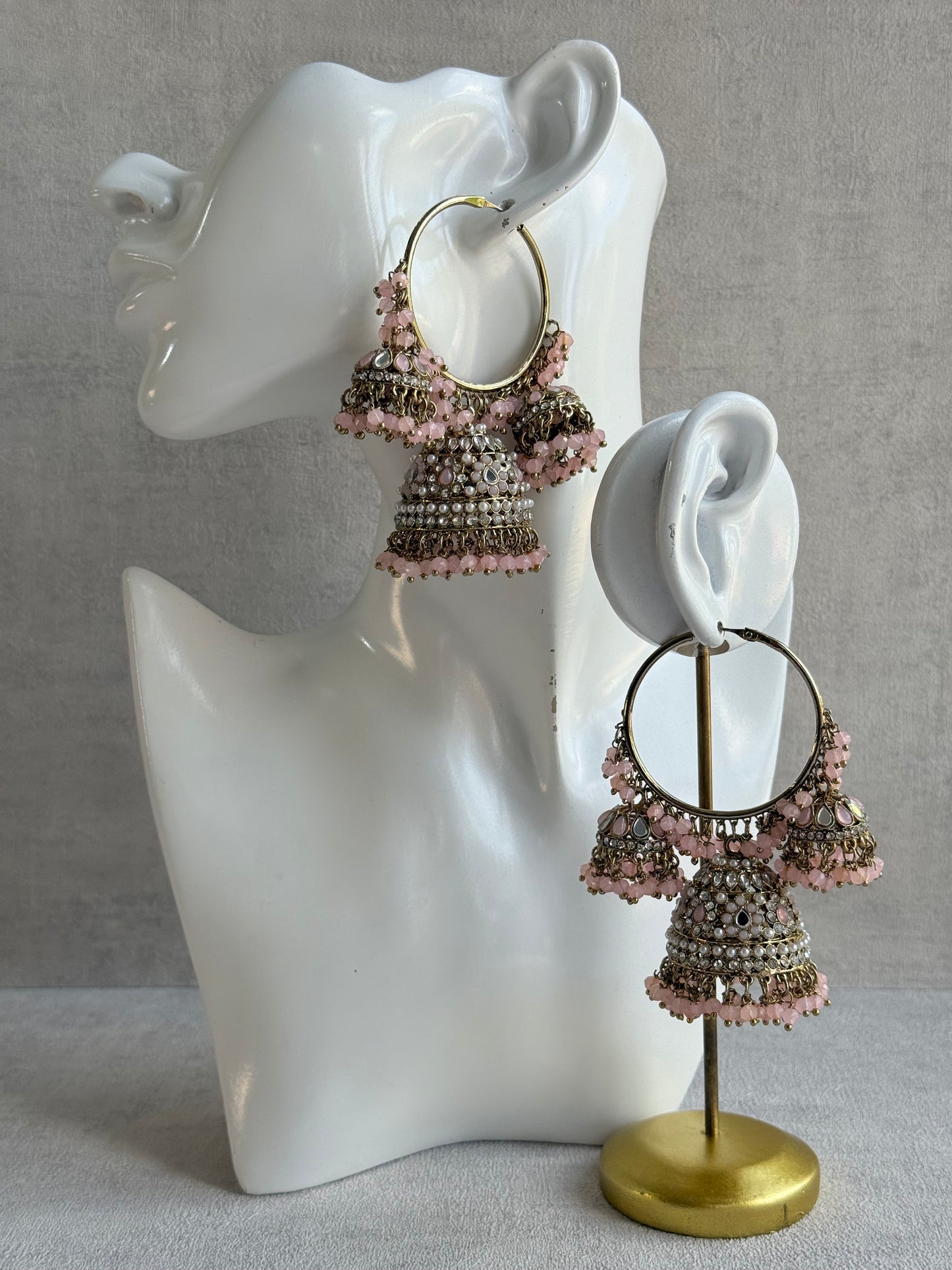 Ayura Designs Jindri Balis – Blush Pink & Antique Gold Triple Jhumki Earrings with Mirror-Cut Stones & Pearl Detailing