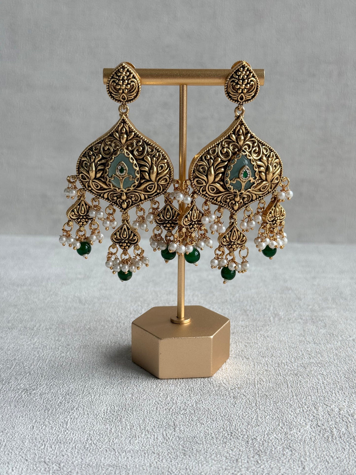 Ayura Designs Afia Necklace Set with Earrings & Tikka – Antique Gold, Emerald Green Beads, Green Centre Stone & Peacock Motifs