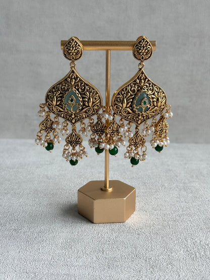 Ayura Designs Afia Necklace Set with Earrings & Tikka – Antique Gold, Emerald Green Beads, Green Centre Stone & Peacock Motifs