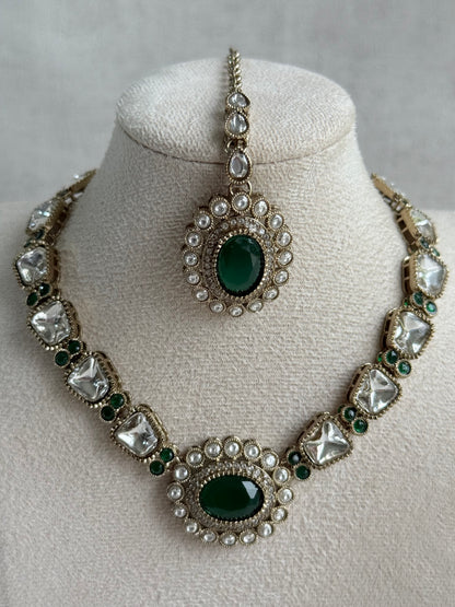 Ayura Designs Inza Necklace Set – Emerald Green Stones, Kundan & Crystals with Antique Gold Finish