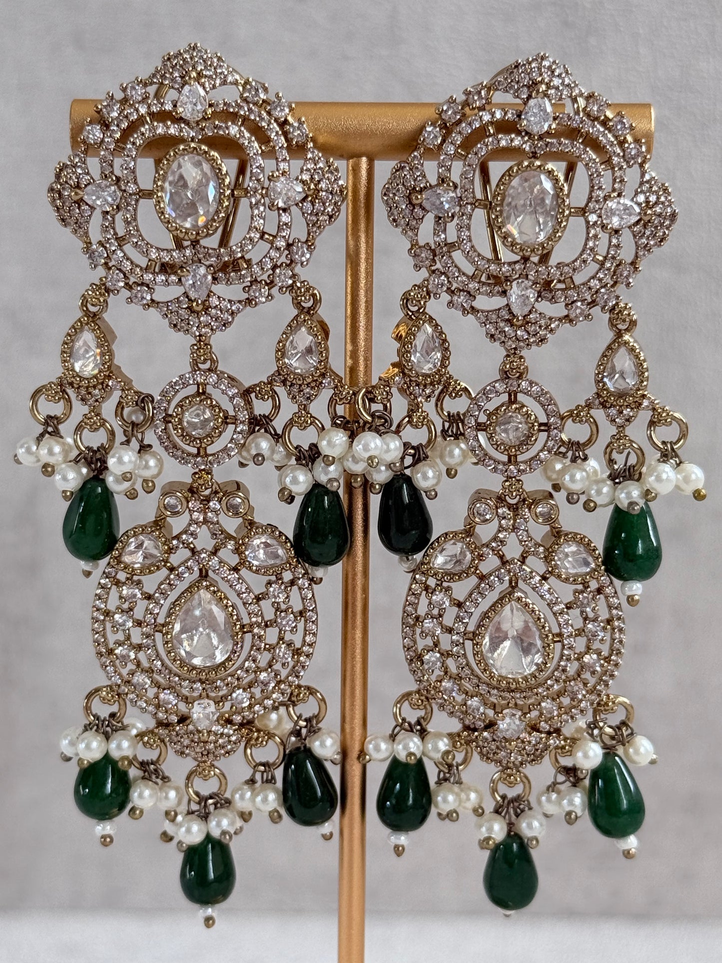 Ayura Designs Fazal Set with Necklace, Earrings & Tikka – Emerald Green Drops, Pearl Detailing & Moissanite Stonework