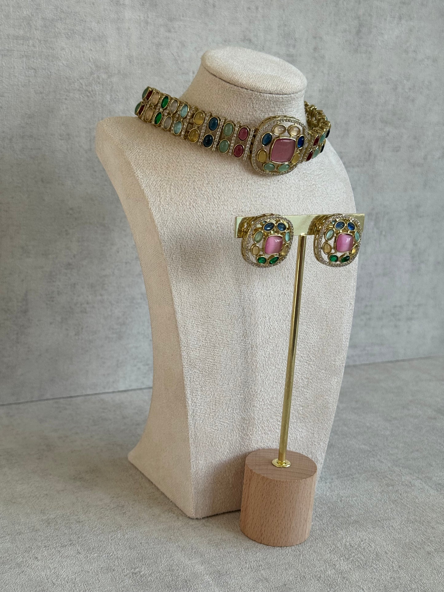 Ayura Designs Kiara Choker Set with Stud Earrings – Multicolour Stones, Moissanite Brilliance & Antique Gold Finish