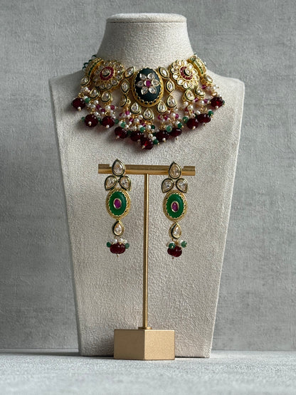 Ayura Designs Kavia Set – Necklace & Earrings with Kundan Stones, Green Enamel, Ruby & Emerald Beads, and Pearl Detailing