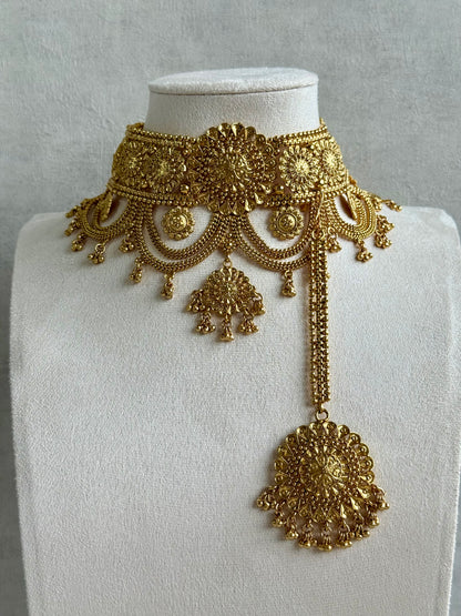 Ayura Designs Sahiban Set – Antique Gold Choker, Earrings & Tikka with Textured Filigree Motifs