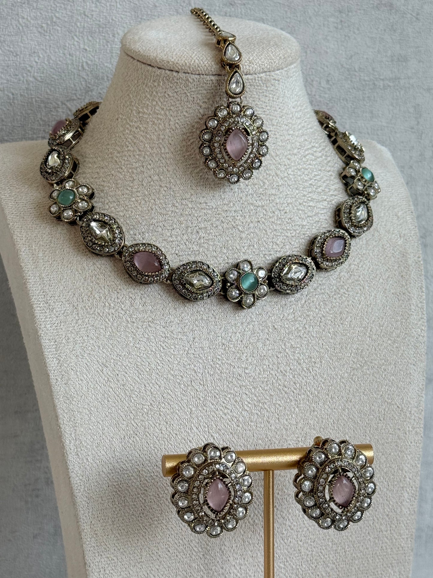 Ayura Designs Ivy Necklace Set with Studs & Tikka – Blush Pink & Mint Green Kundan Detailing