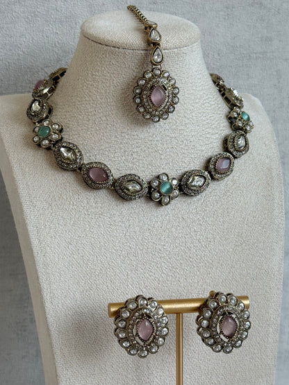 Ayura Designs Ivy Necklace Set with Studs & Tikka – Blush Pink & Mint Green Kundan Detailing