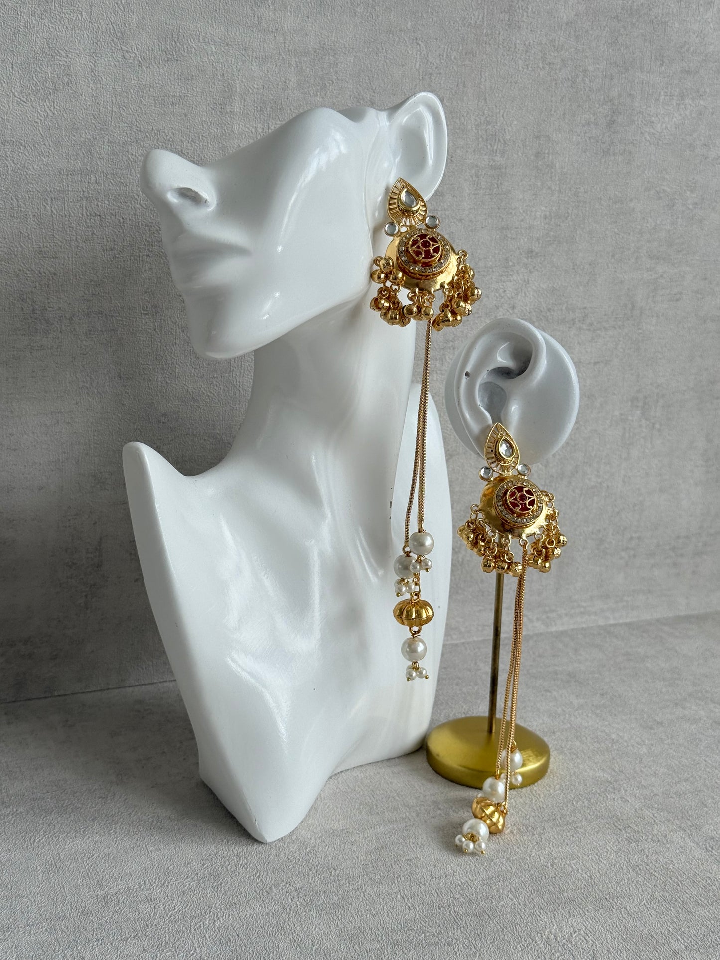 Ayura Designs Kashveen Earrings – Ruby Red Kundan Stones with Pearl Chain Drops & Ghungroo Detailing