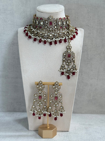 Ayura Designs Aisha Choker Set with Earrings & Tikka – Rani Pink Stones, Red Beads, Polki & Pearl Detailing