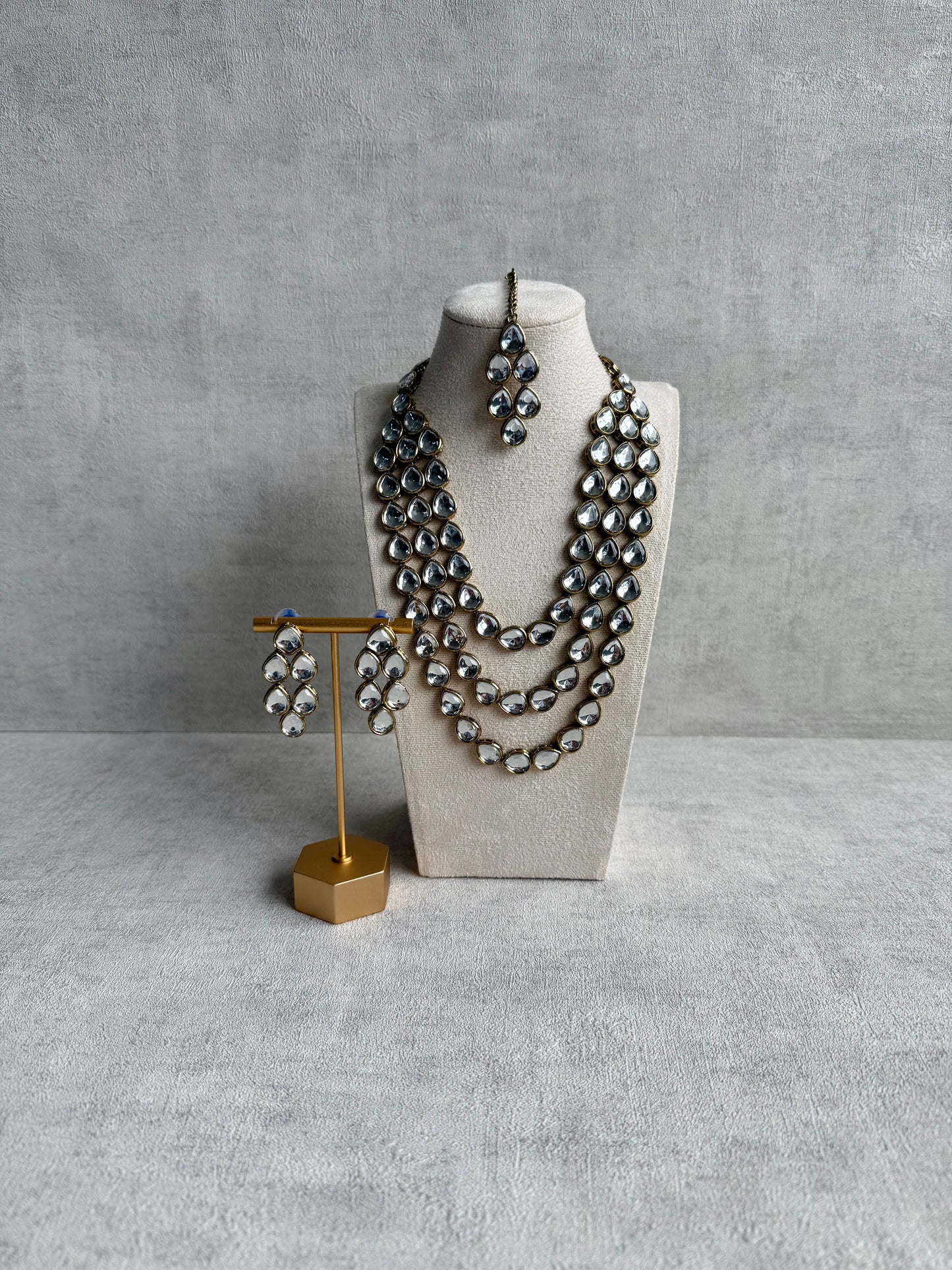 Ayura Designs Sufi Set with Necklace, Earrings & Tikka – Mirror-Cut Stones in Antique Gold Finish