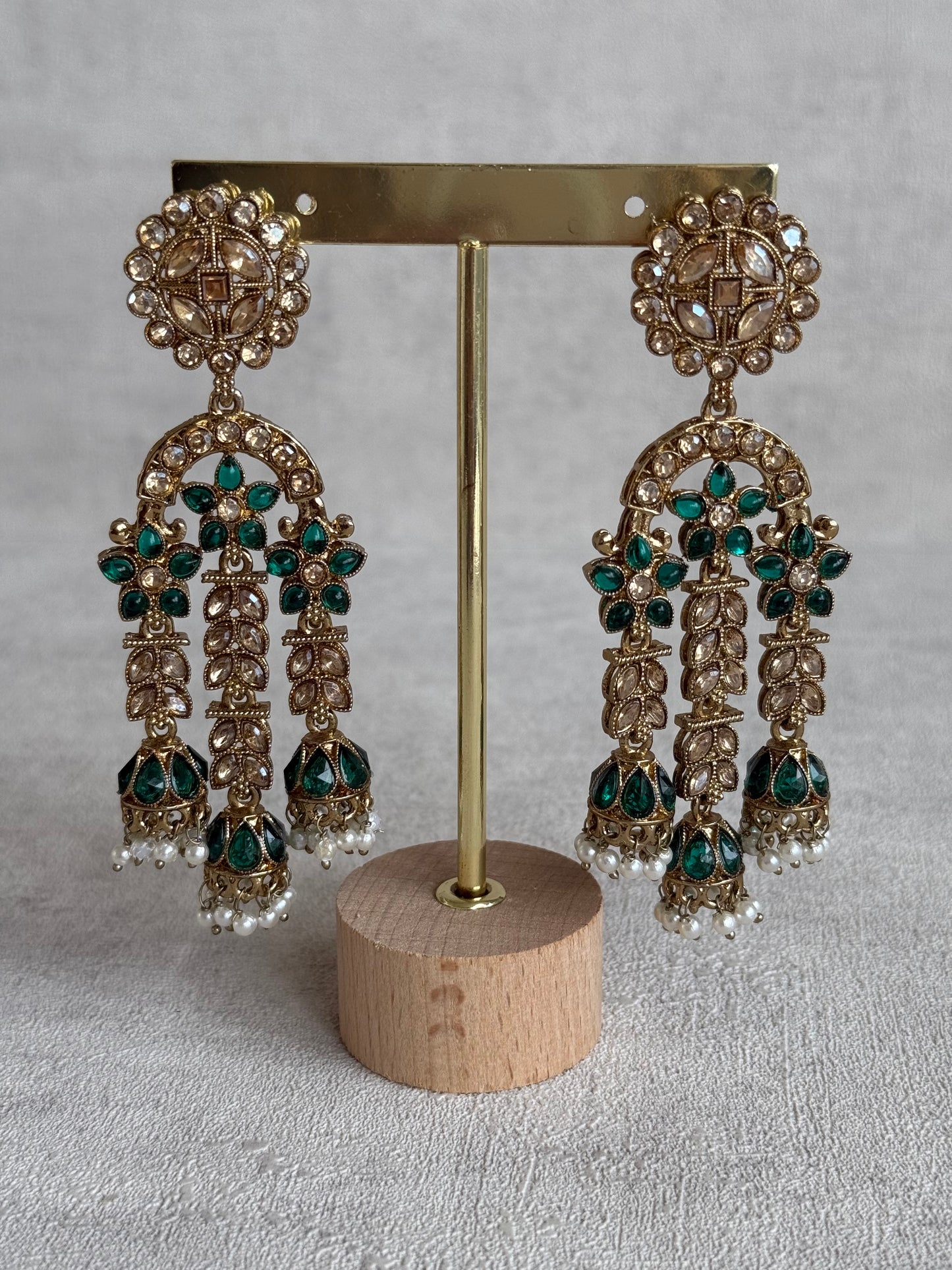 Ayura Designs Soraya Earrings – Emerald Green Stones, Champagne Crystals, Pearl Detailing & Gold Finish