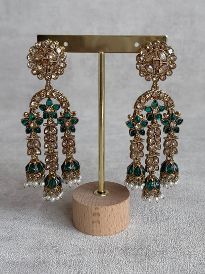 Ayura Designs Soraya Earrings – Emerald Green Stones, Champagne Crystals, Pearl Detailing & Gold Finish