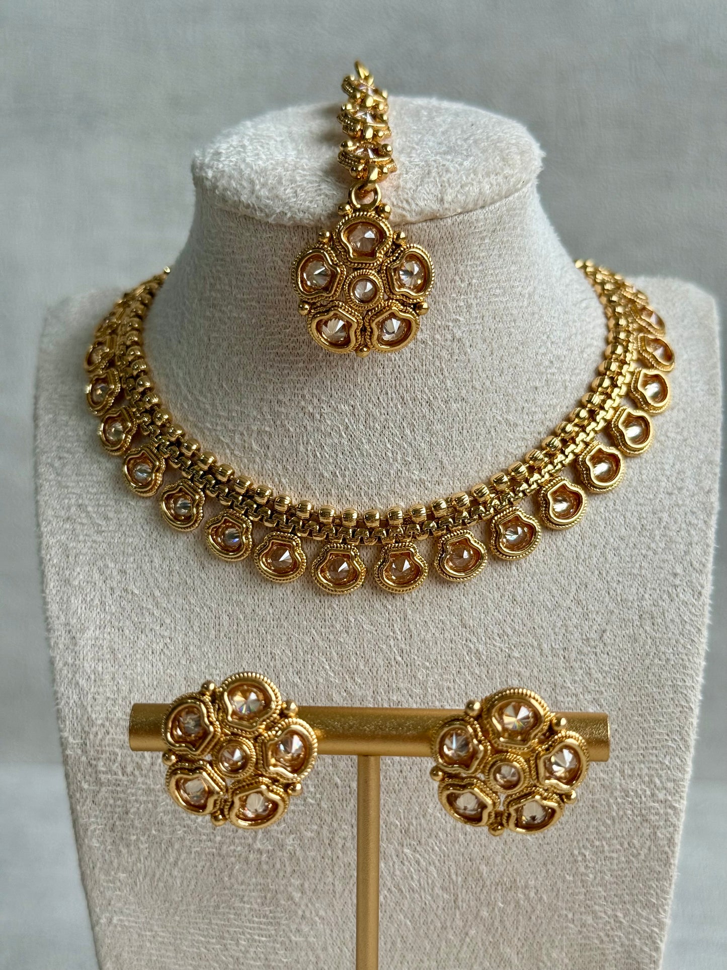 Ayura Designs Amala Set with Necklace, Studs & Tikka – Blush Pink & Pistachio Green Stones, Antique Gold Finish