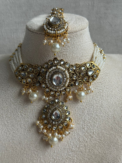Ayura Designs Muskaan Set – Choker, Jhumkis & Tikka with Ivory Pearls, Mirror-Cut Kundan Stones & Antique Gold Finish