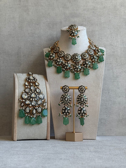 Ayura Designs Sumaira Set with Passa – Necklace, Earrings, Tikka & Passa with Kundan, Green Meenakari Detailing & Jade Green Drops