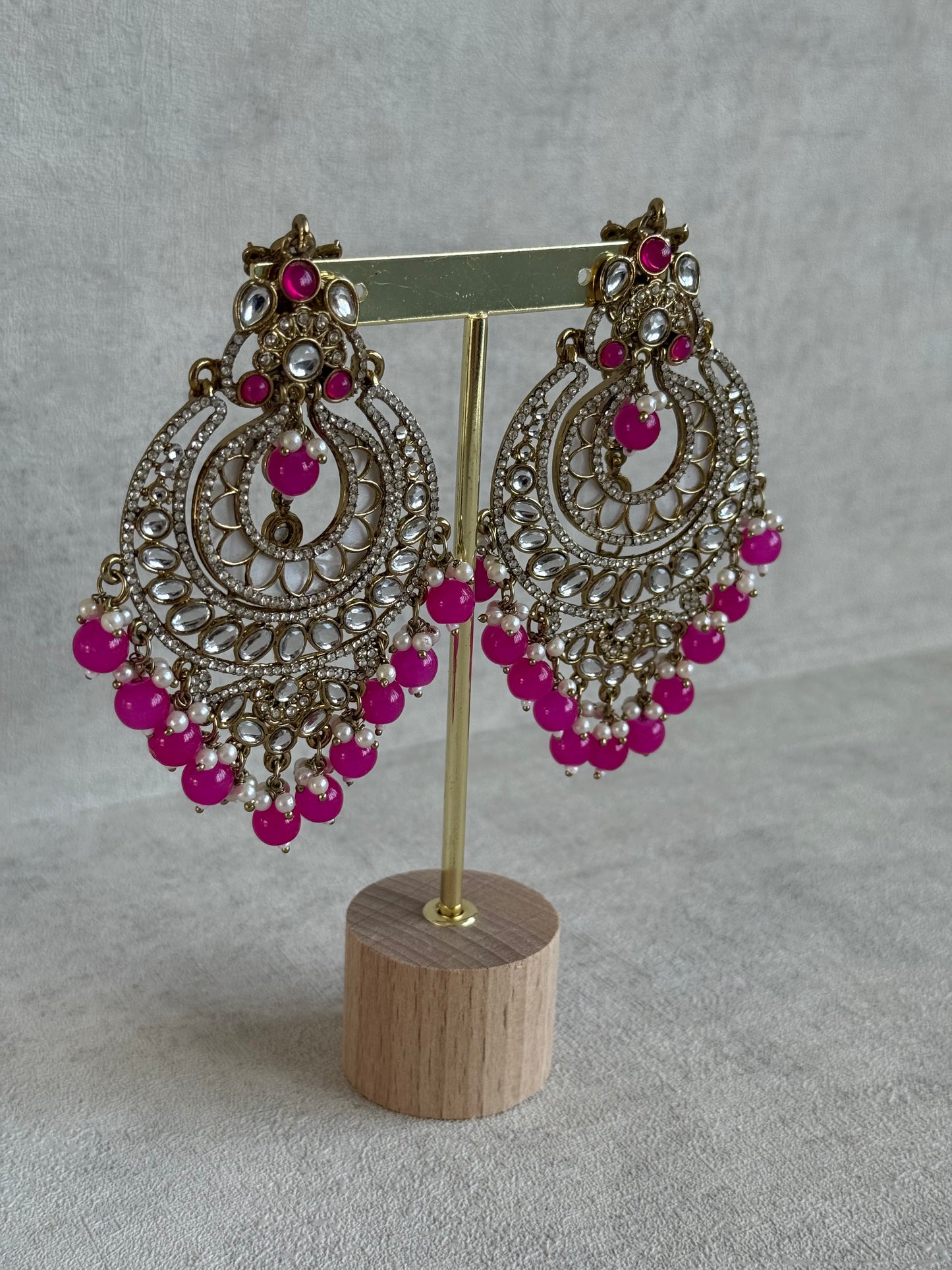 Ayura Designs Rabia Chandbalis – Antique Gold Kundan Earrings with Fuchsia Beads, Pearls & Attached Sahare