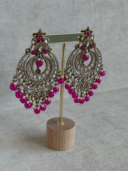 Ayura Designs Rabia Chandbalis – Antique Gold Kundan Earrings with Fuchsia Beads, Pearls & Attached Sahare