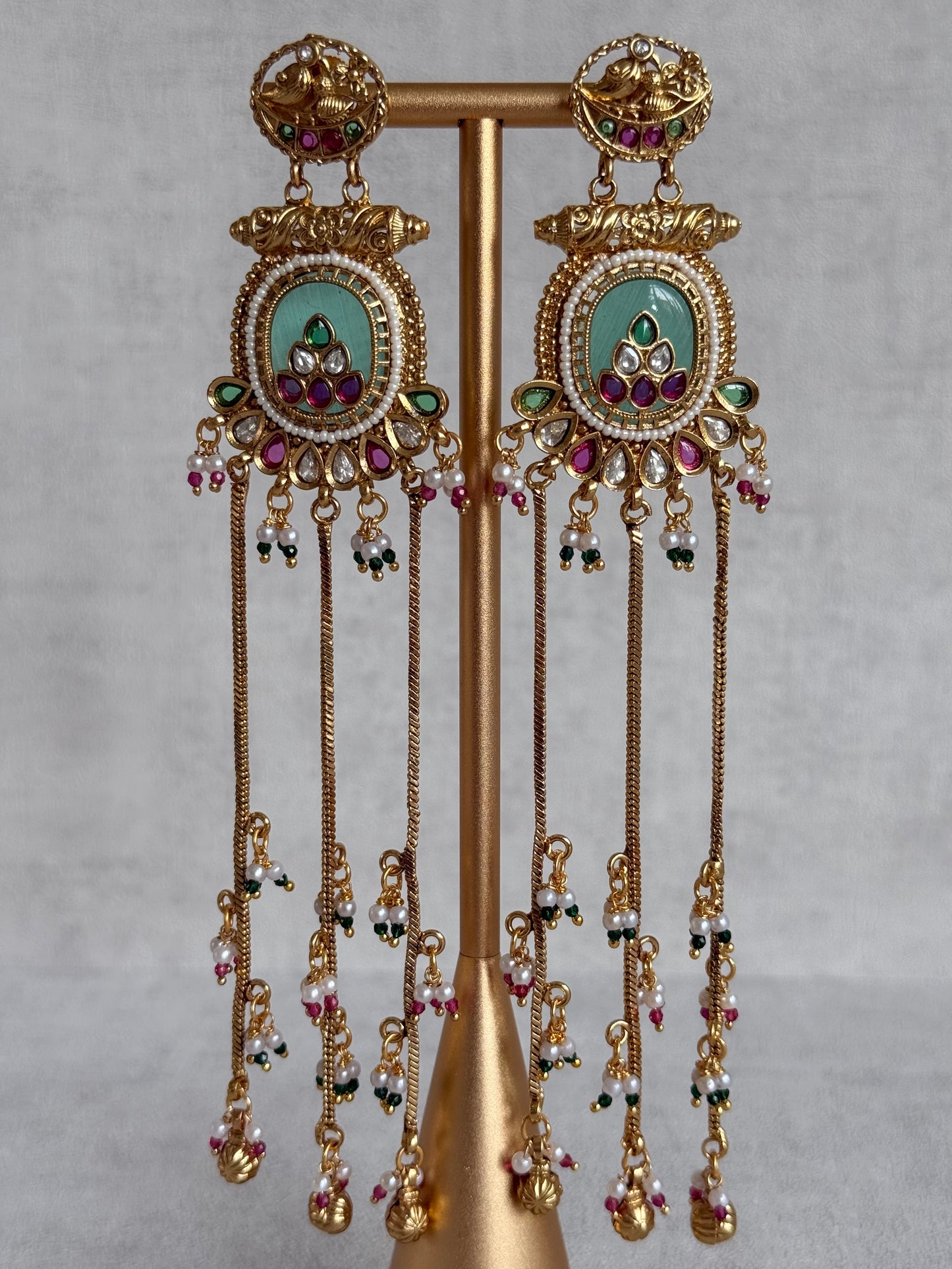 Ayura Designs Kaveri Earrings – Gold Long Chain Drop Earrings with Kundan, Pearls & Ghungroo Detailing – Mint Green