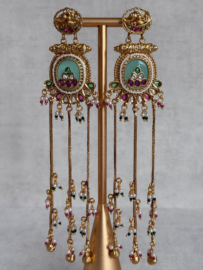Ayura Designs Kaveri Earrings – Gold Long Chain Drop Earrings with Kundan, Pearls & Ghungroo Detailing – Mint Green