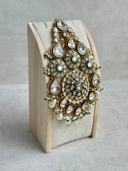 Ayura Designs Suhana Jhoomar Passa – Kundan Jhoomar with Ivory Pearl Drops, Pearl Detailing & Green Bead Accents