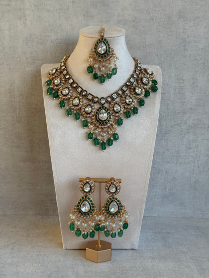 Ayura Designs Ishyat Set with Necklace, Earrings & Tikka – Kundan Detailing, Emerald Green Bead Drops