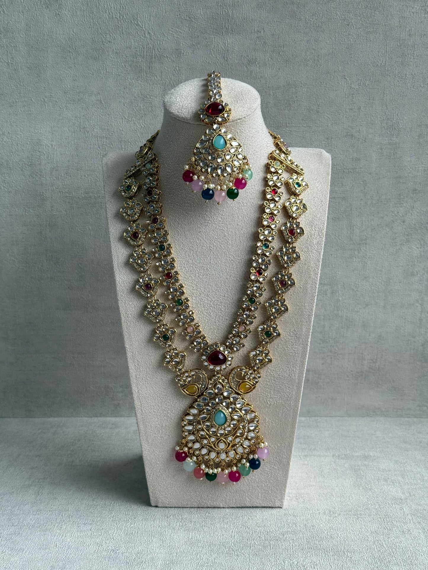 Ayura Designs Javeria Set with Earrings & Tikka – Multicolour Beads, Mirror Kundan & Gold Finish