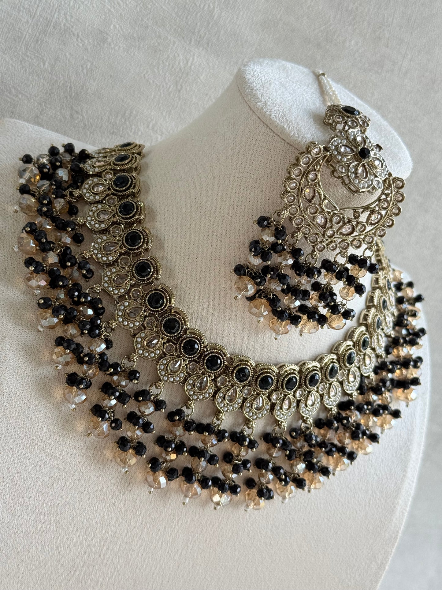 Ayura Designs Dilnaz Necklace Set with Earrings, Tikka & Passa – Black & Champagne Crystal Beads & Antique Gold Finish