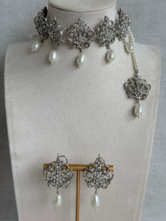Ayura Designs Alina Choker Set with Earrings & Tikka – Silver Crystal Floral Choker with Pearl Drops