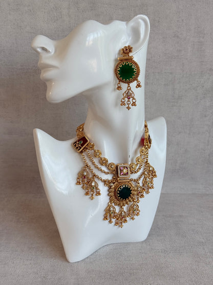 Ayura Designs Bolavi Necklace Set with Earrings – Green Stones, Kundan & Ghungroo Detailing